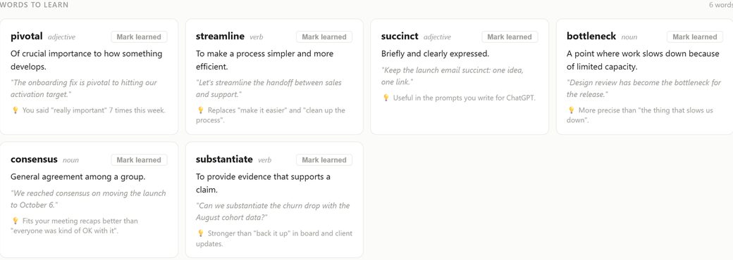 Words to learn: stronger words for things you already say, each with your own example
