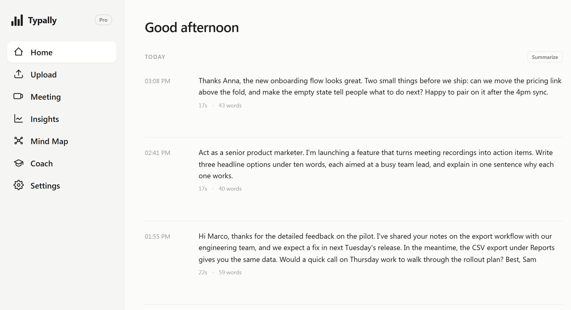 Typally home screen listing dictations with their word counts, including a 40-word prompt said in 17 seconds. Example data.