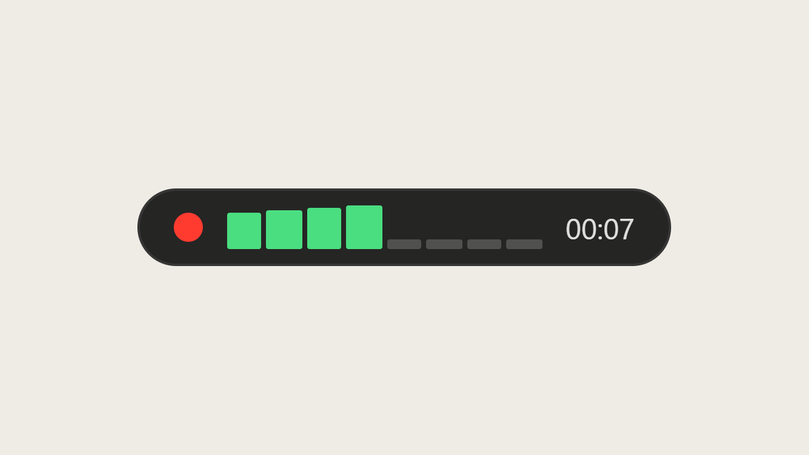 Typally's recording indicator while it listens: a red dot, a sound level meter and a timer at 7 seconds.