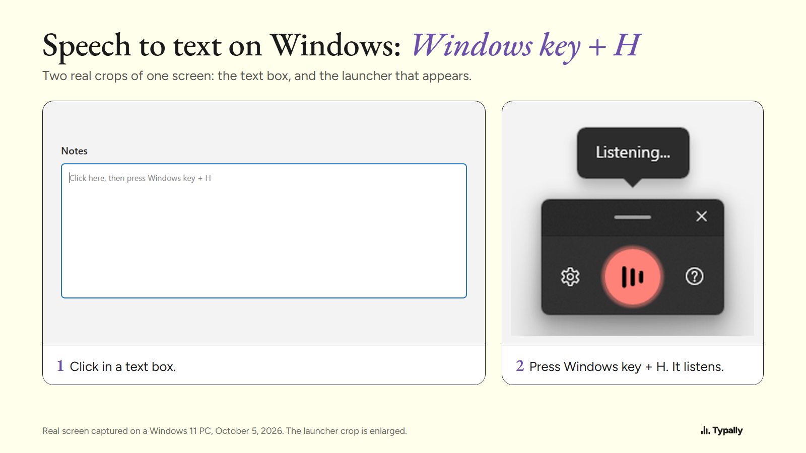 Two crops of one Windows 11 screen: an empty text box, and the voice typing launcher with a lit microphone button and a Listening tip