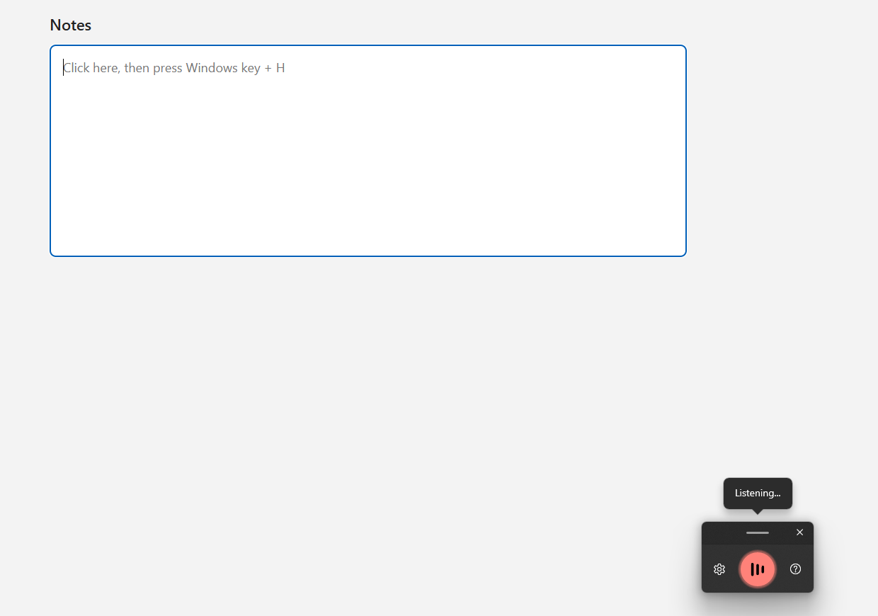 Windows 11 voice typing launcher in its listening state, opened with Windows key + H over an empty text box