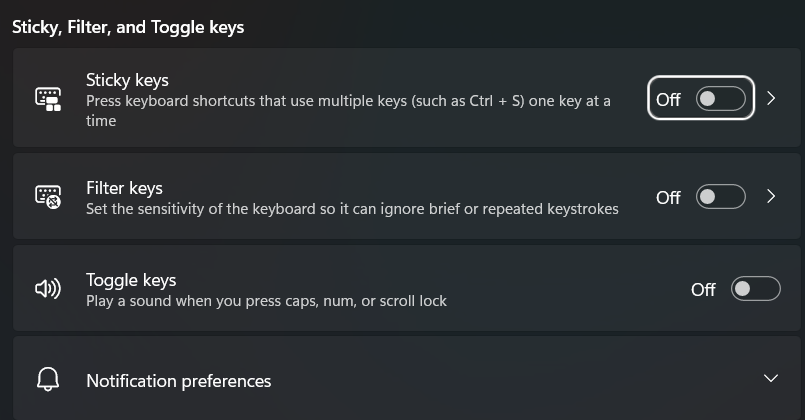 Windows 11 Settings, Accessibility, Keyboard: Sticky keys, Filter keys and Toggle keys switches, all off