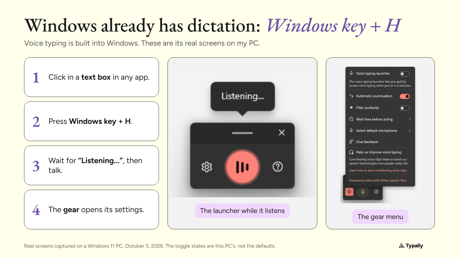 Windows voice typing on a Windows 11 PC: the launcher in its listening state and the gear menu with its settings