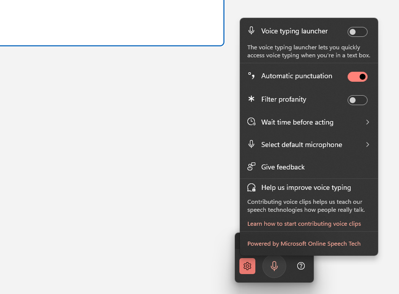 Voice typing gear menu on Windows 11 with Automatic punctuation switched on, plus launcher, profanity, wait time and microphone options