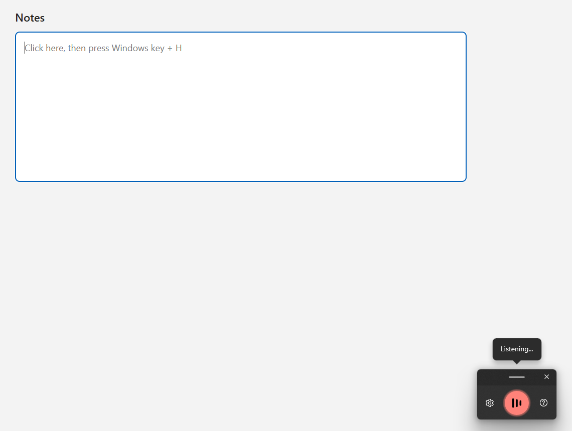 Windows 11 voice typing launcher with a lit microphone and a Listening tip, below an empty Notes text box