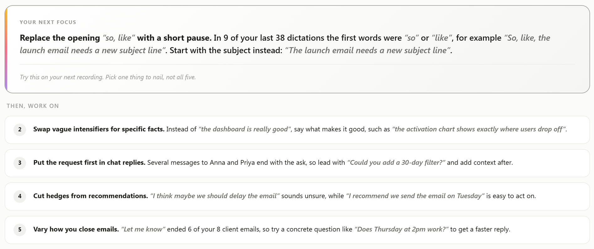 Typally coach panel titled Your next focus, with one main tip and four more numbered tips that quote example sentences