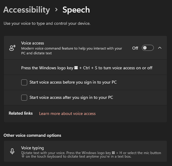 Windows 11 Settings, Accessibility, Speech: the Voice access switch with its Windows logo key + Ctrl + S shortcut, and Voice typing below
