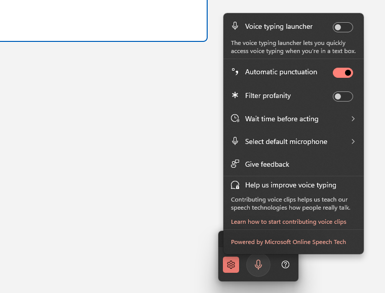 Windows 11 voice typing gear menu with the Automatic punctuation switch on, above Filter profanity and Wait time before acting