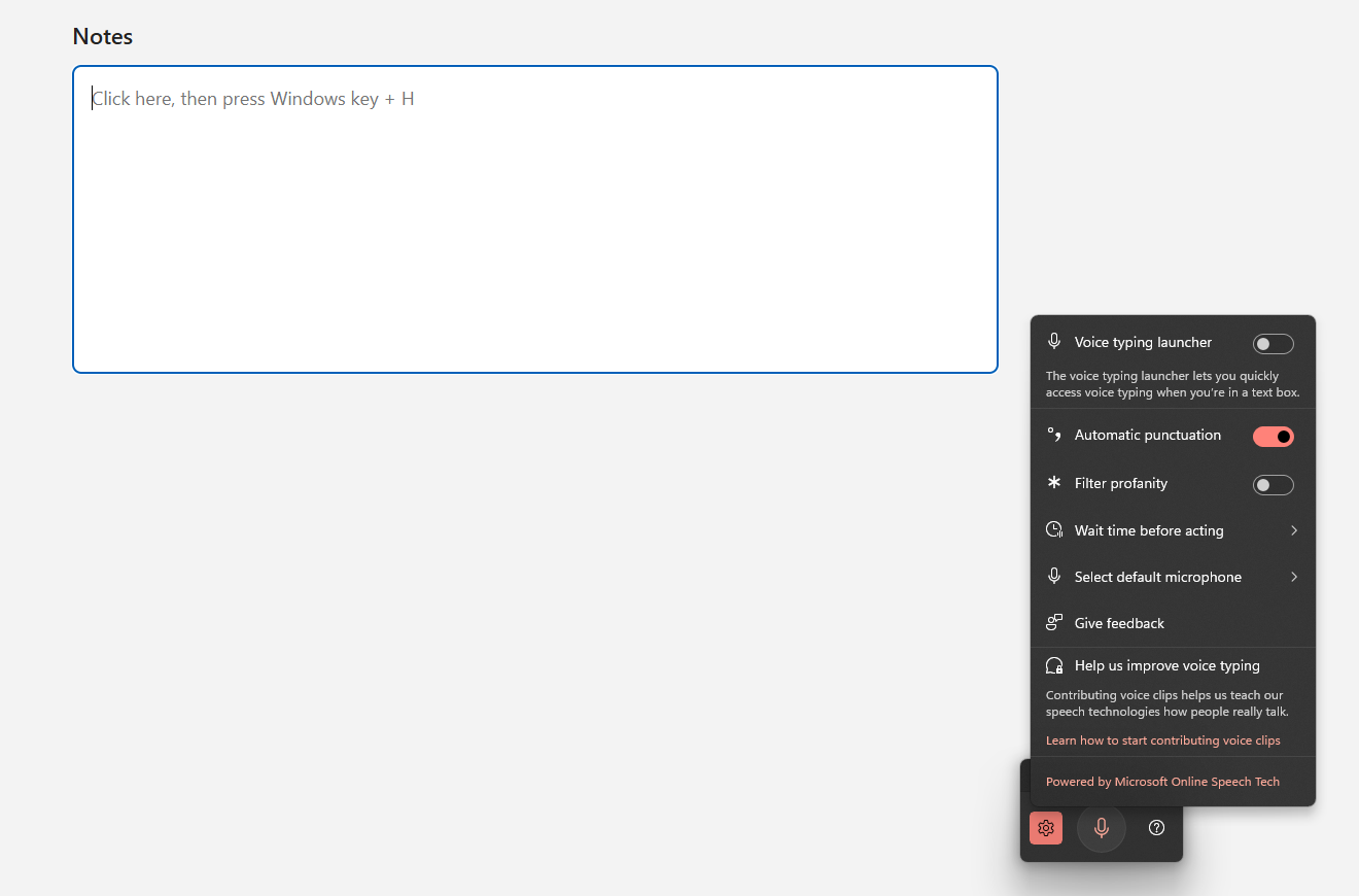Windows 11 voice typing gear menu with Automatic punctuation switched on and Filter profanity switched off