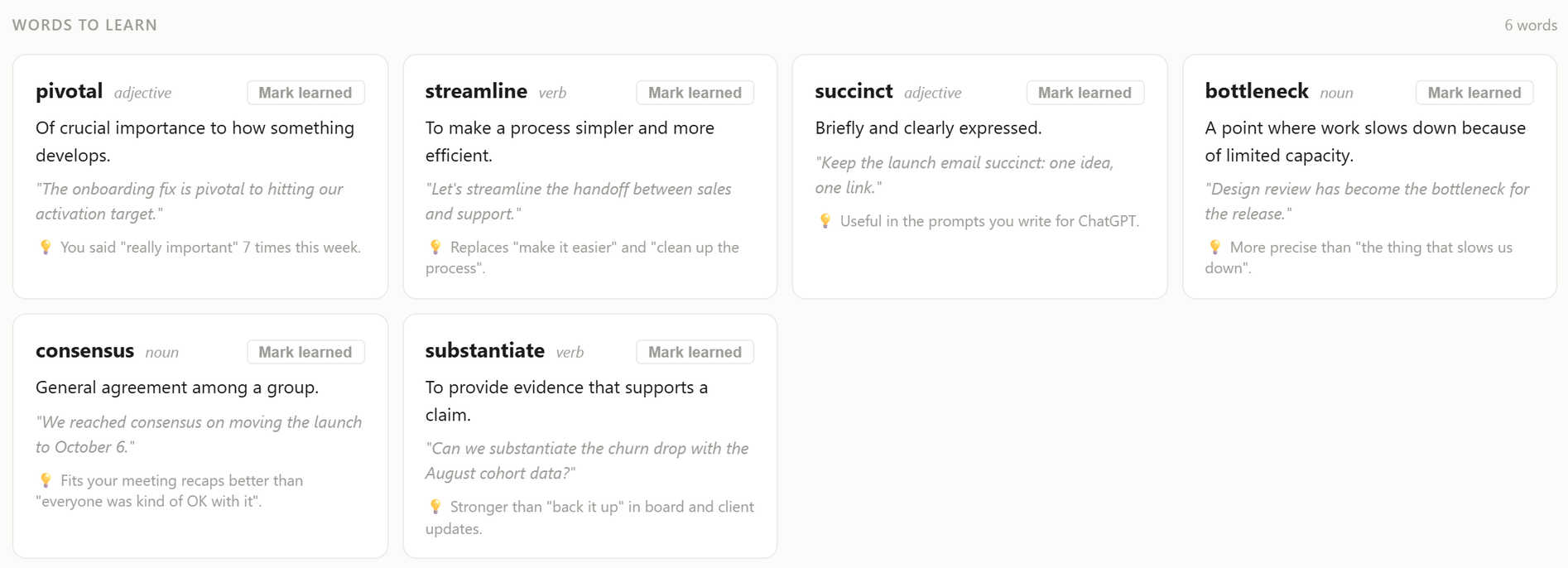 Typally coach panel titled Words to learn with six word cards, each with a meaning and an example sentence