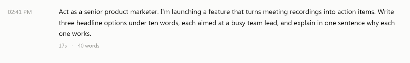 One dictated prompt in Typally's history with its length under it: 17 seconds, 40 words