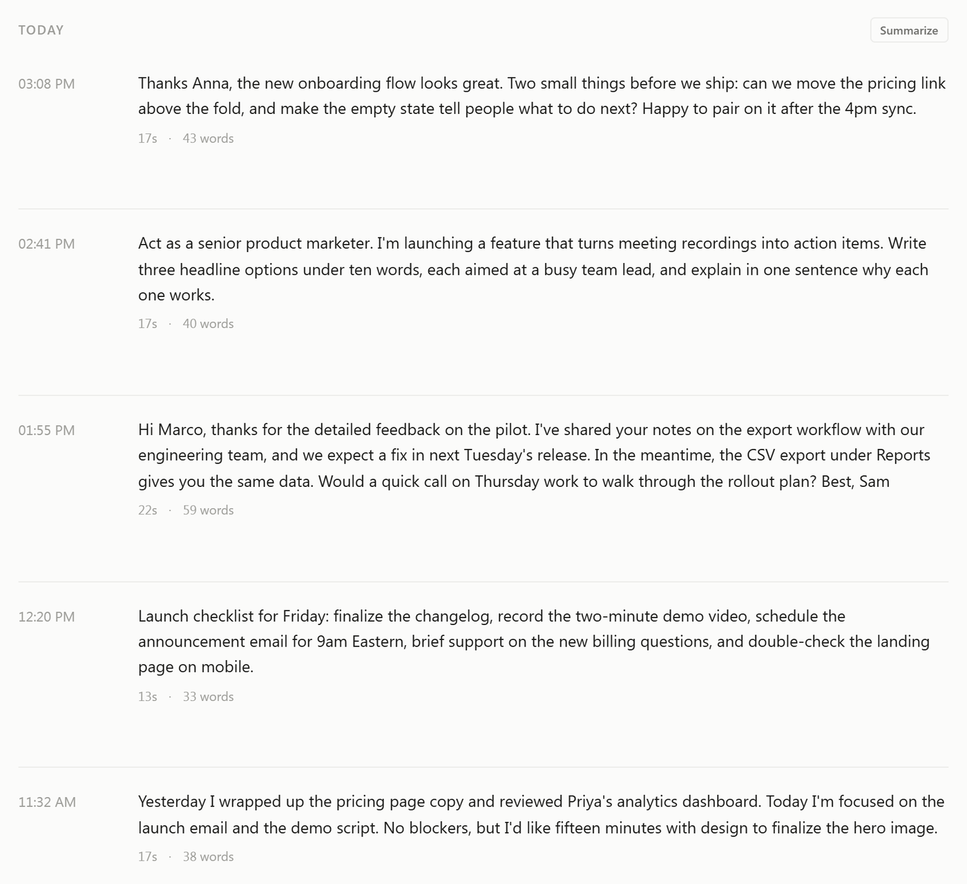 Typally's home list of dictations with times, lengths and word counts: an email, an AI prompt, a client reply, a checklist