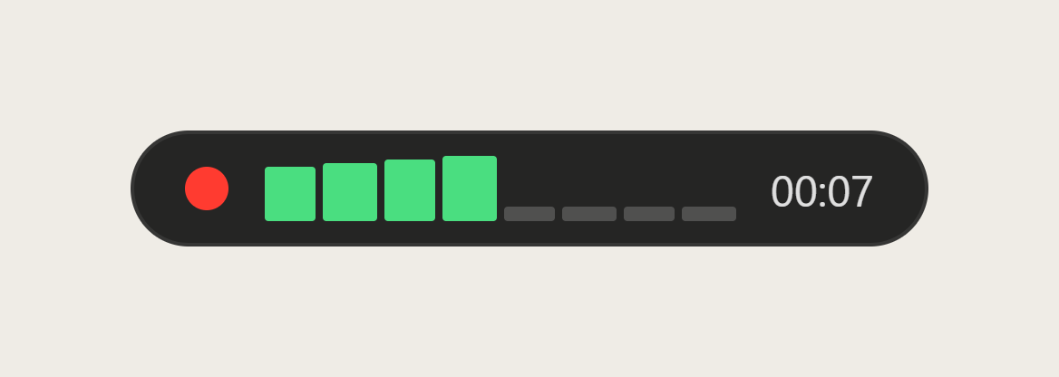 Typally's recording indicator: a red dot, a green sound level meter and a timer at 7 seconds