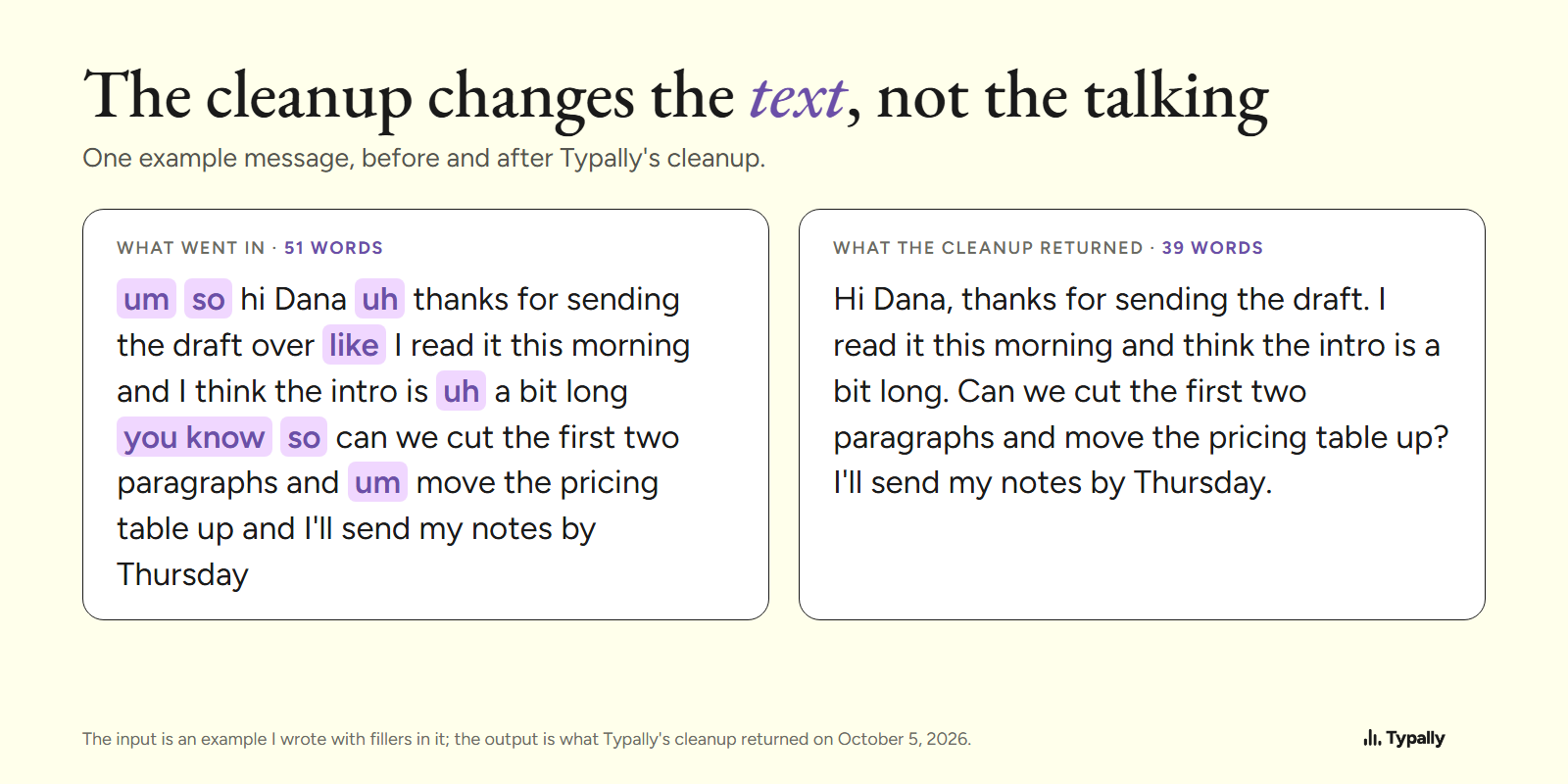 An example message with ums before Typally's cleanup, 51 words, and the clean text it returned, 39 words