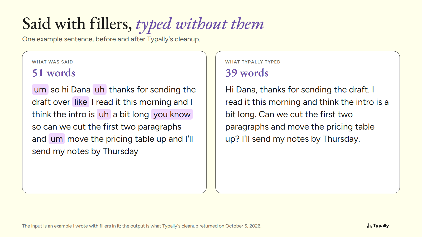 A 51-word example sentence with um, uh, like and you know marked, next to the 39-word version Typally's cleanup returned