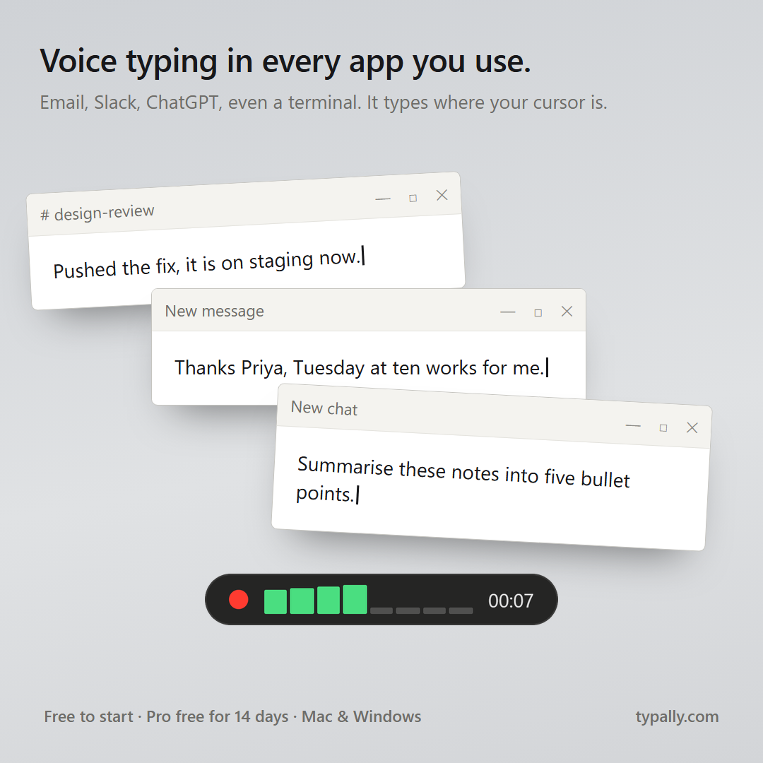 Three app windows, a Slack channel, an email and a chat box, each holding a sentence typed by voice