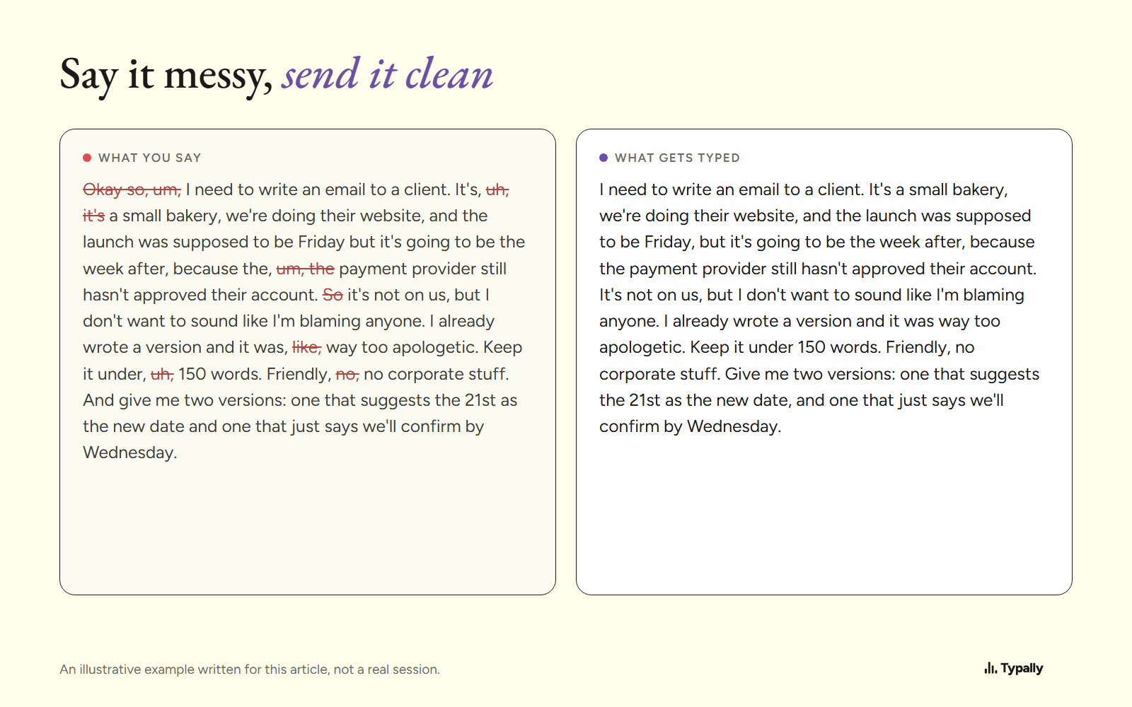 The same prompt side by side: spoken with um, uh and like struck through, then typed clean