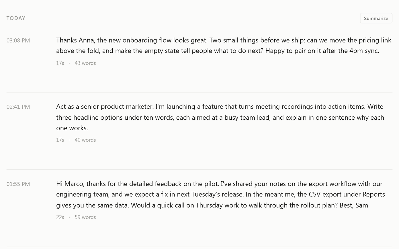 Typally home screen listing dictated messages, including a 40-word ChatGPT prompt said in 17 seconds